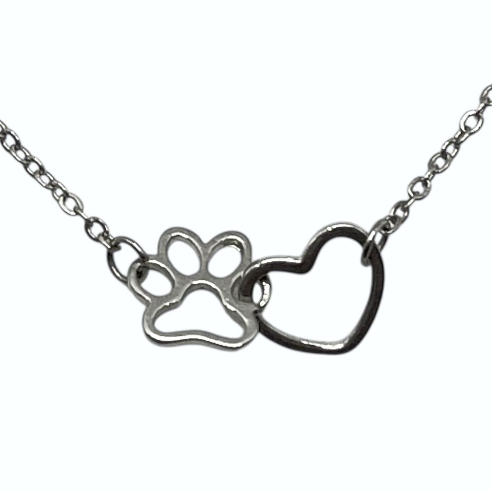 Paw Print Heart Pendant Necklace Silver Tone Dog Cat Pet Foot Interlocking Charm
